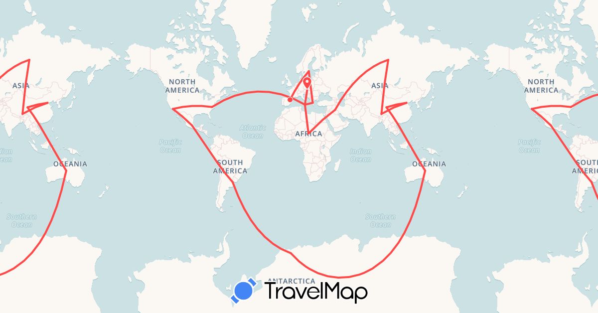 TravelMap itinerary: driving, hiking in Argentina, Austria, Australia, China, Spain, Greece, Iraq, Italy, Mexico, Russia, Sweden, United States (Asia, Europe, North America, Oceania, South America)